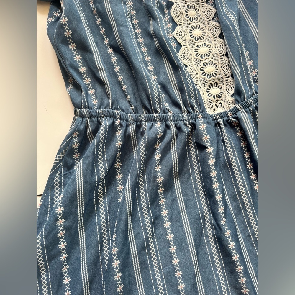 Lily Bleu Women’s Girls Blue Striped Lightweight Summer Dress with Lace Detail - Picture 3 of 11